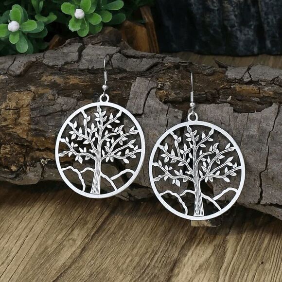 Antique Silver Vintage Style Round Drop Shape Hollow Tree Of Life Dangle Earring - Picture 8 of 8